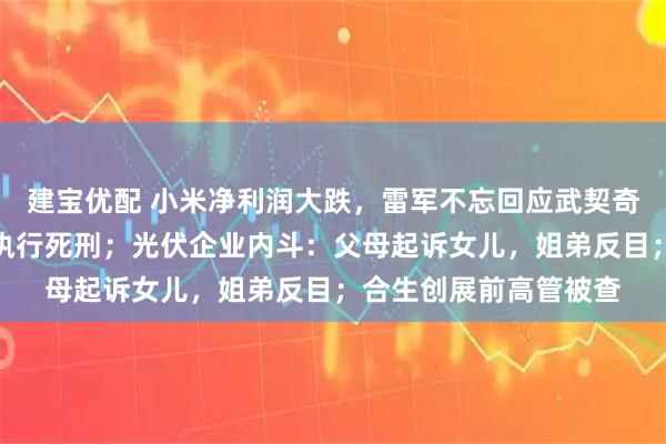 建宝优配 小米净利润大跌，雷军不忘回应武契奇；投毒老板，许垚被执行死刑；光伏企业内斗：父母起诉女儿，姐弟反目；合生创展前高管被查